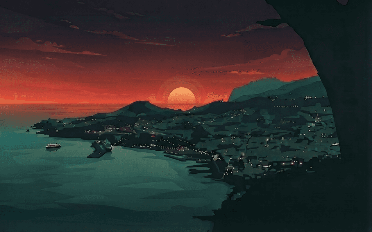 An illustration of the hills above Funchal falling away to the sea, the sun low over the water